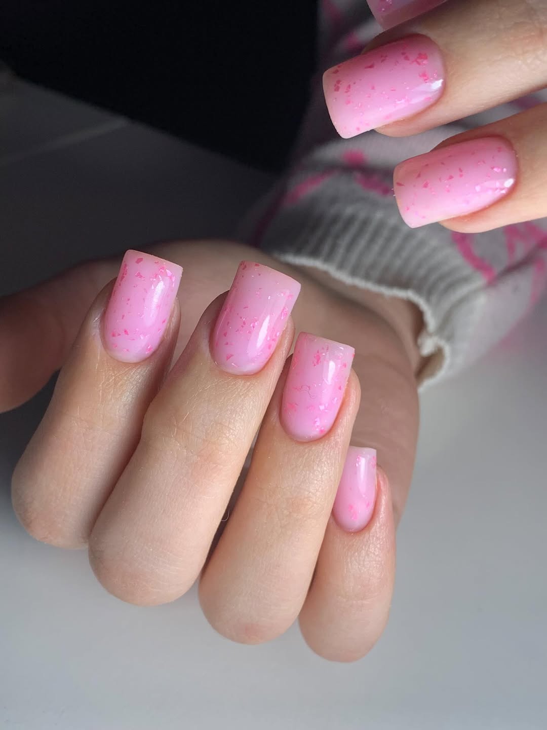Summer Pink Flake Square Glossy Nails