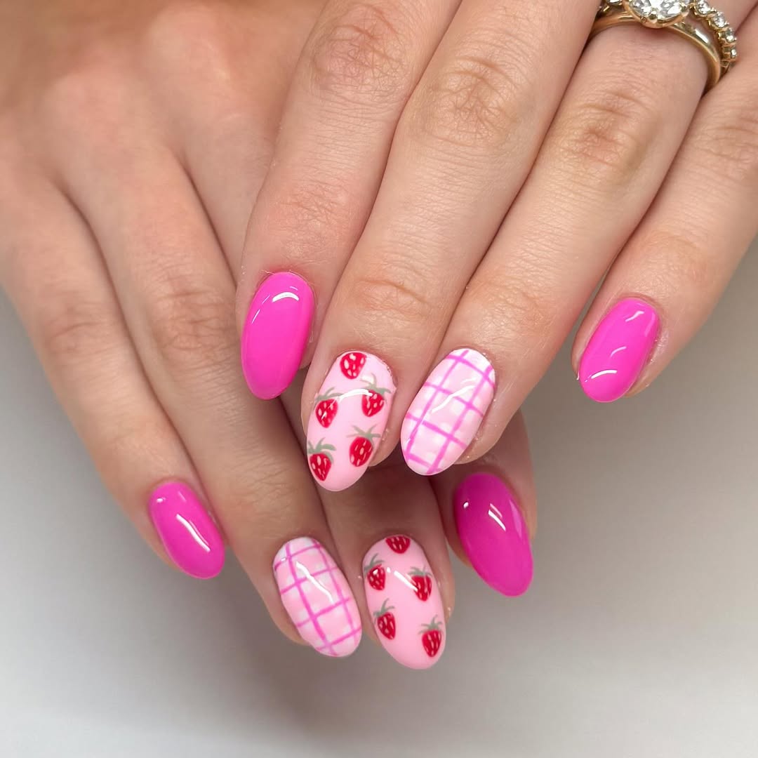 Summer Strawberry Chic Pink Oval Nails