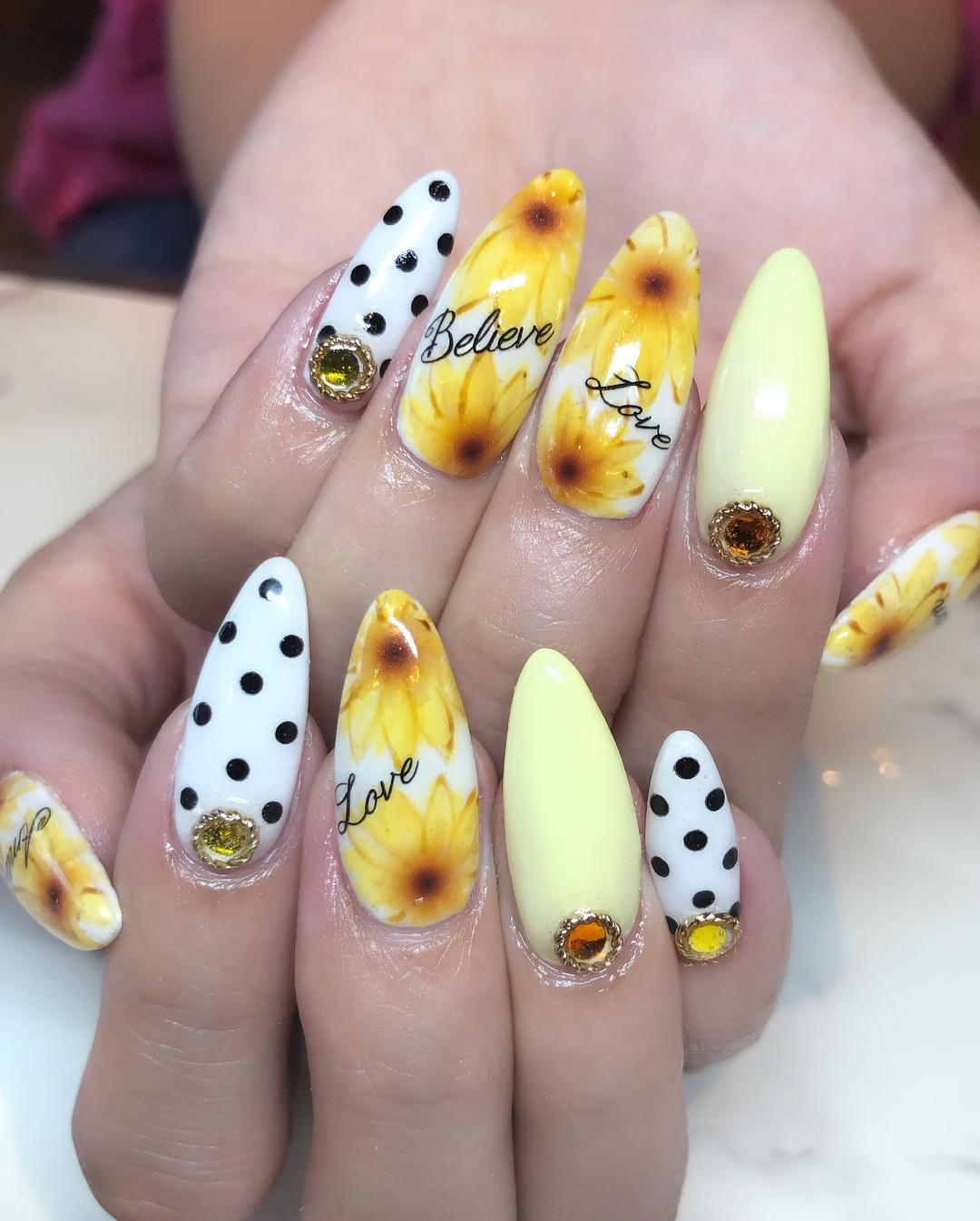 Summer Sunflower Polka Dot Almond Art with Gems