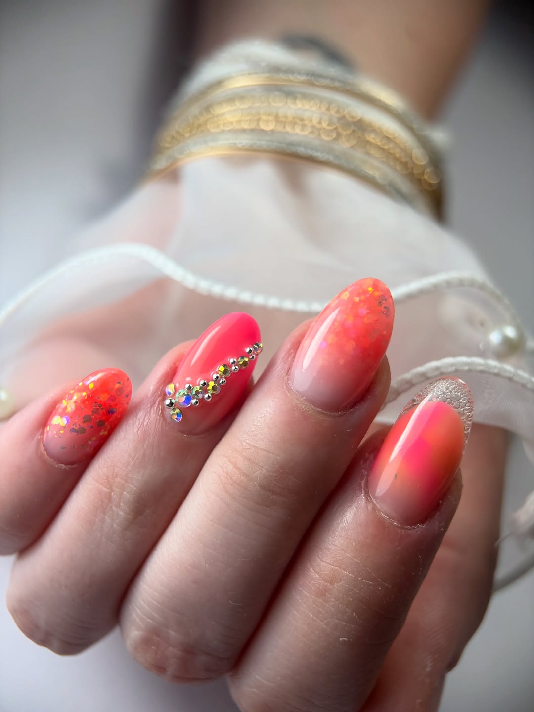 Summer Sunset Ombre Almond Nails With Rhinestone Accents