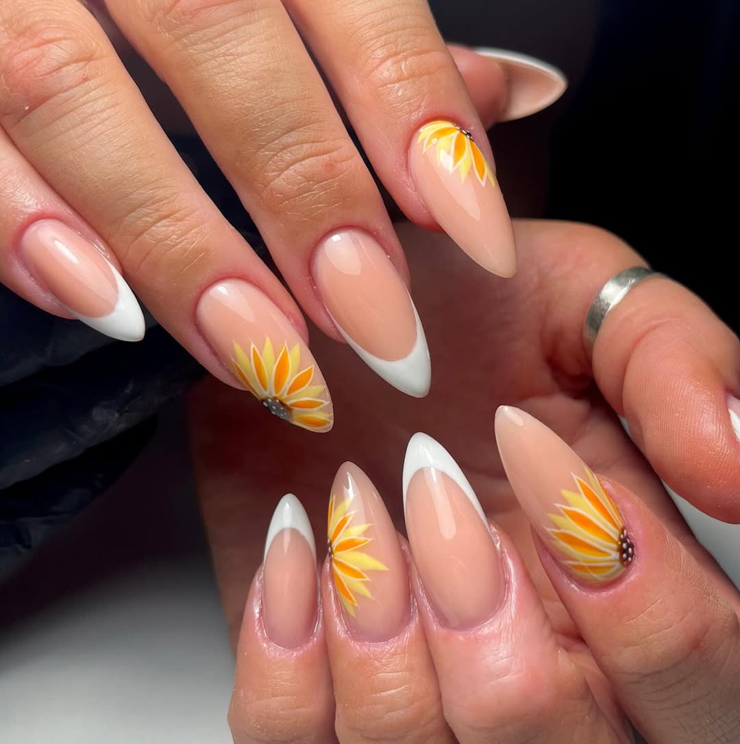 Sunny French Tip Almond Nails with Sunflower Art