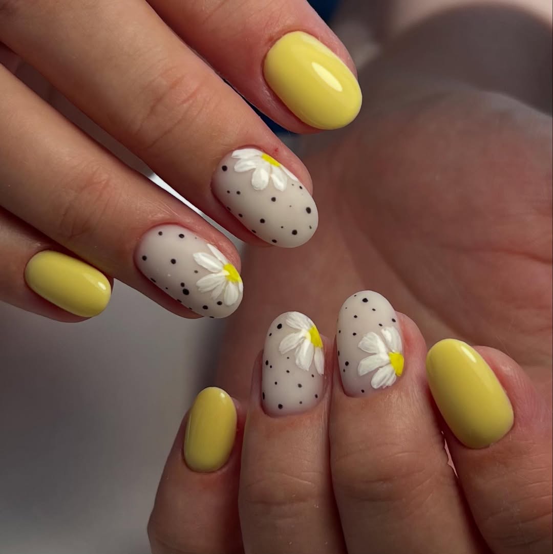 Sunny Yellow and Daisy Polka Dot Almond Nails