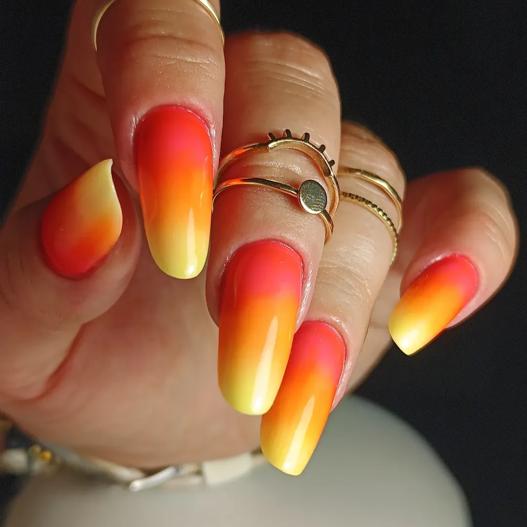 Sunset Gradient Pink Orange Yellow Glossy Nails
