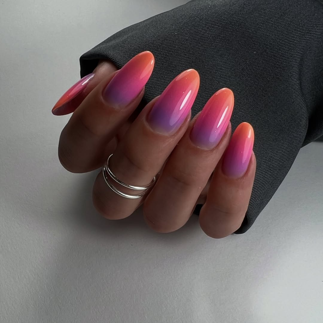 Sunset Orange Pink Purple Ombre Almond Nails