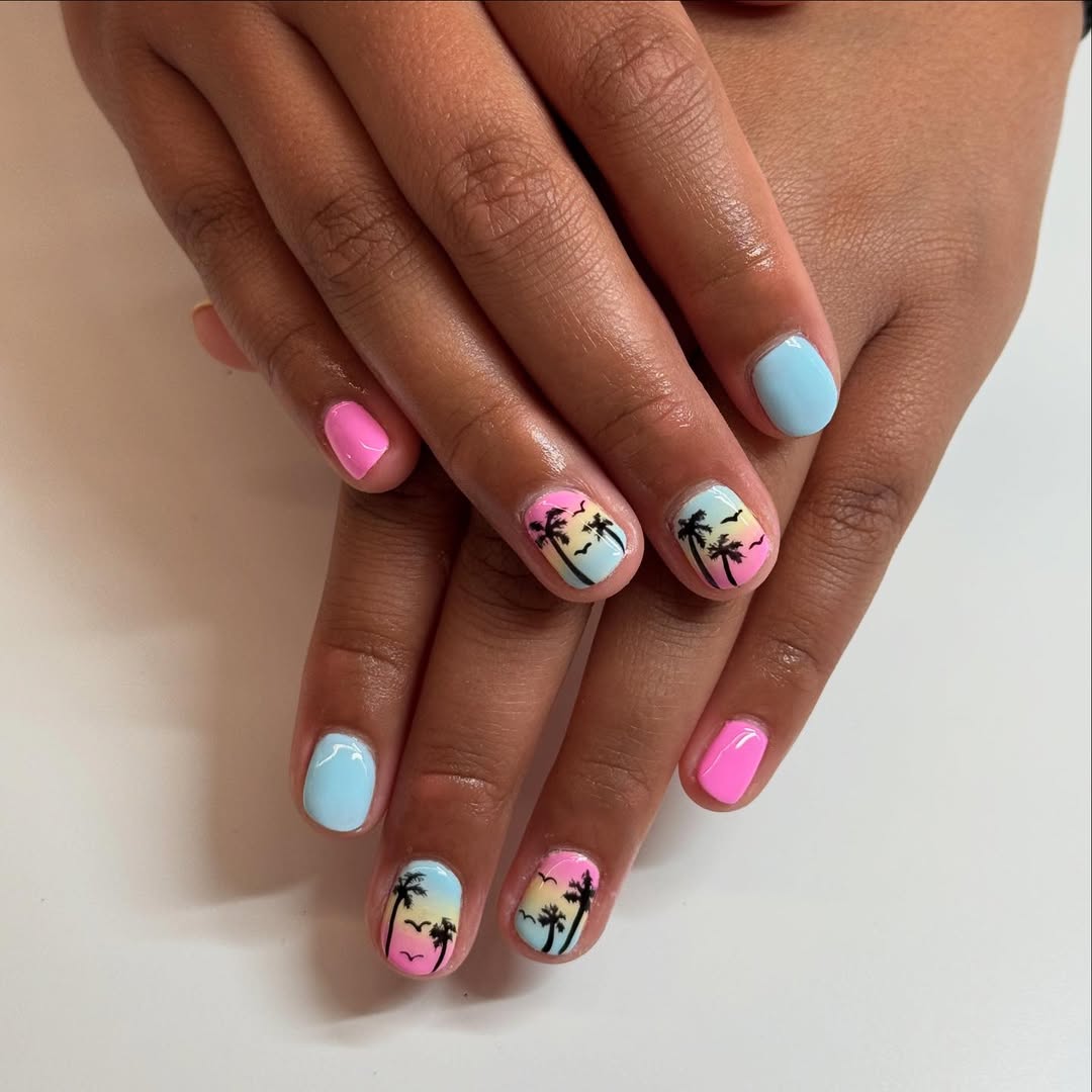 Sunset Palm Tree Ombre Nails with Solid Accents