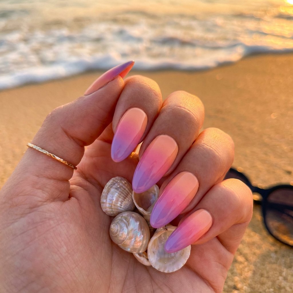 Sunset Peach Periwinkle Ombre Almond Nails