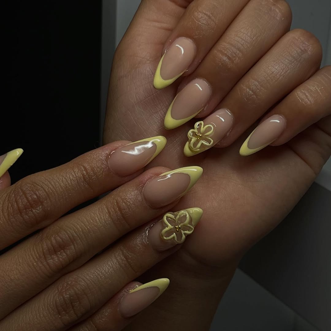 Sweet Lemon French Tips with 3D Floral Charms