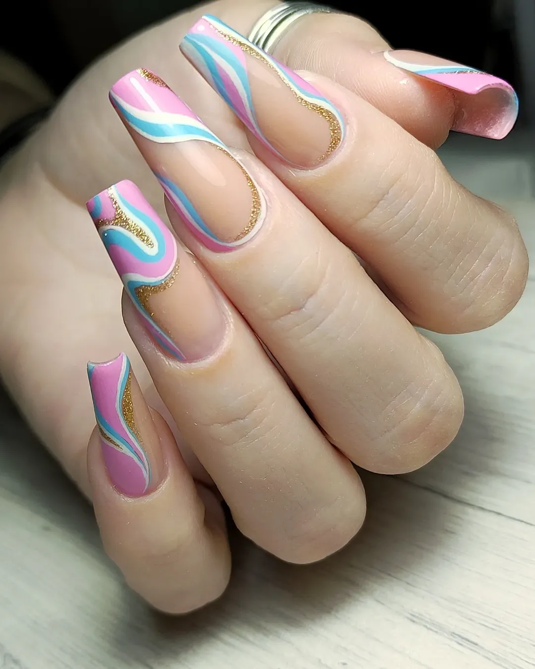 Swirl Pink Blue Gold French Tip Coffin Nails