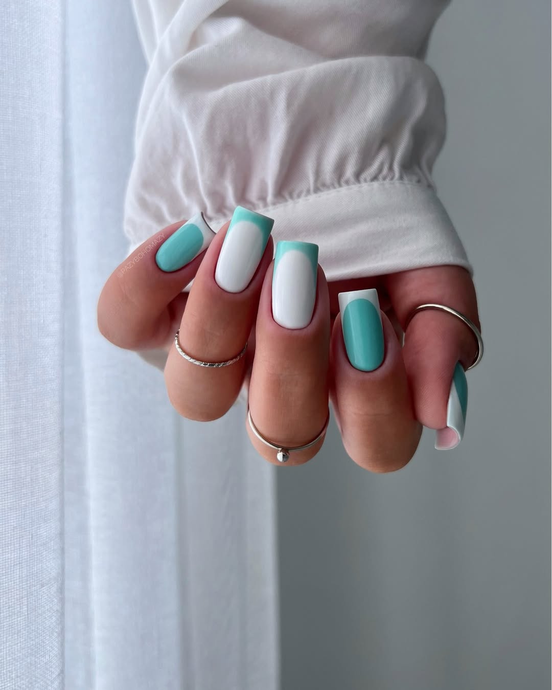 Teal and White High Gloss Square French Tips