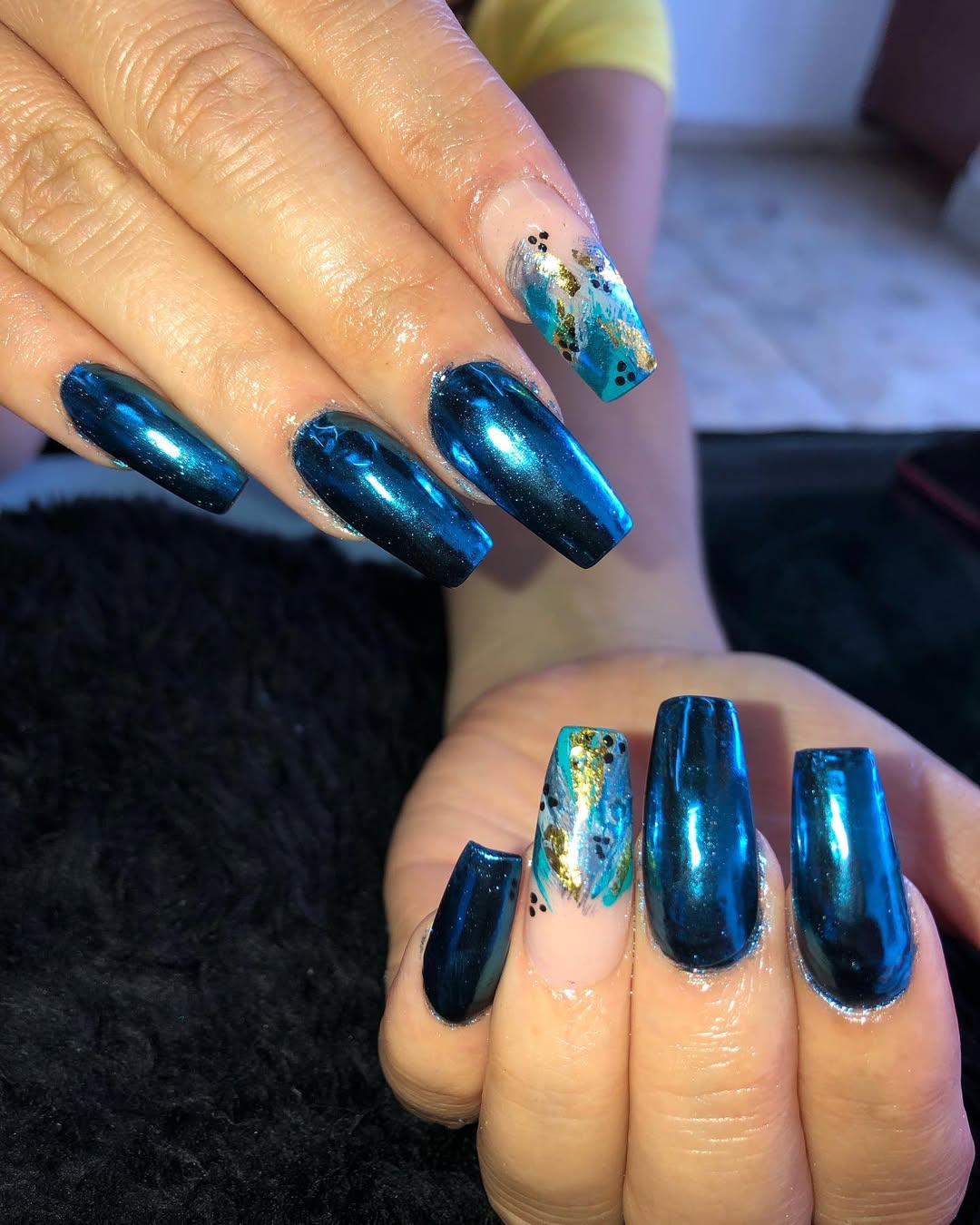 Teal Chrome Coffin Nails with Gold Flake Accent