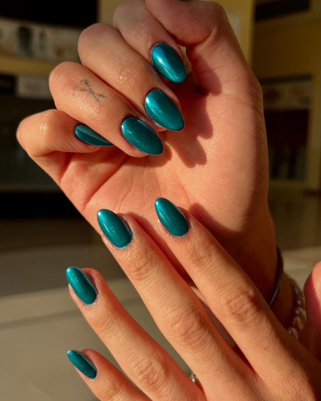 Teal Chrome Oval Nails