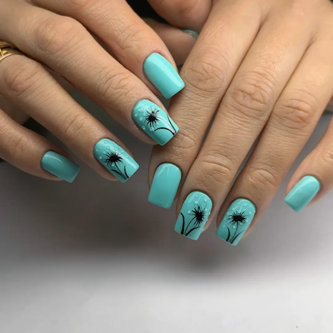 Teal Dandelion Nail Art with Water Droplets