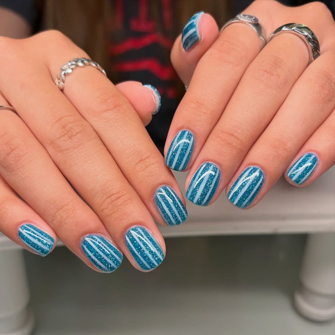Teal Glitter With White Striped Nail Art