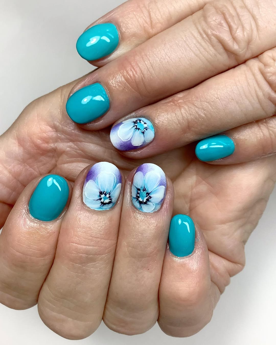 Teal Glossy Floral Art Short Oval Nails