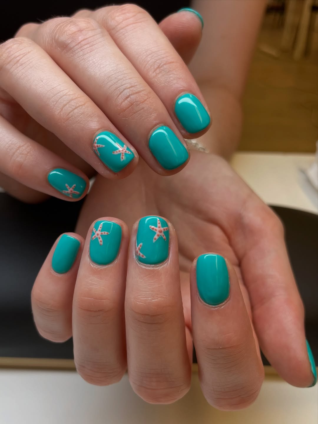 Teal Glossy Short Squoval Starfish Nail Art