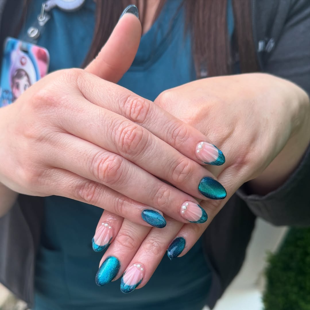 Teal Mermaid Shell Oval Nails with Pearl Accents