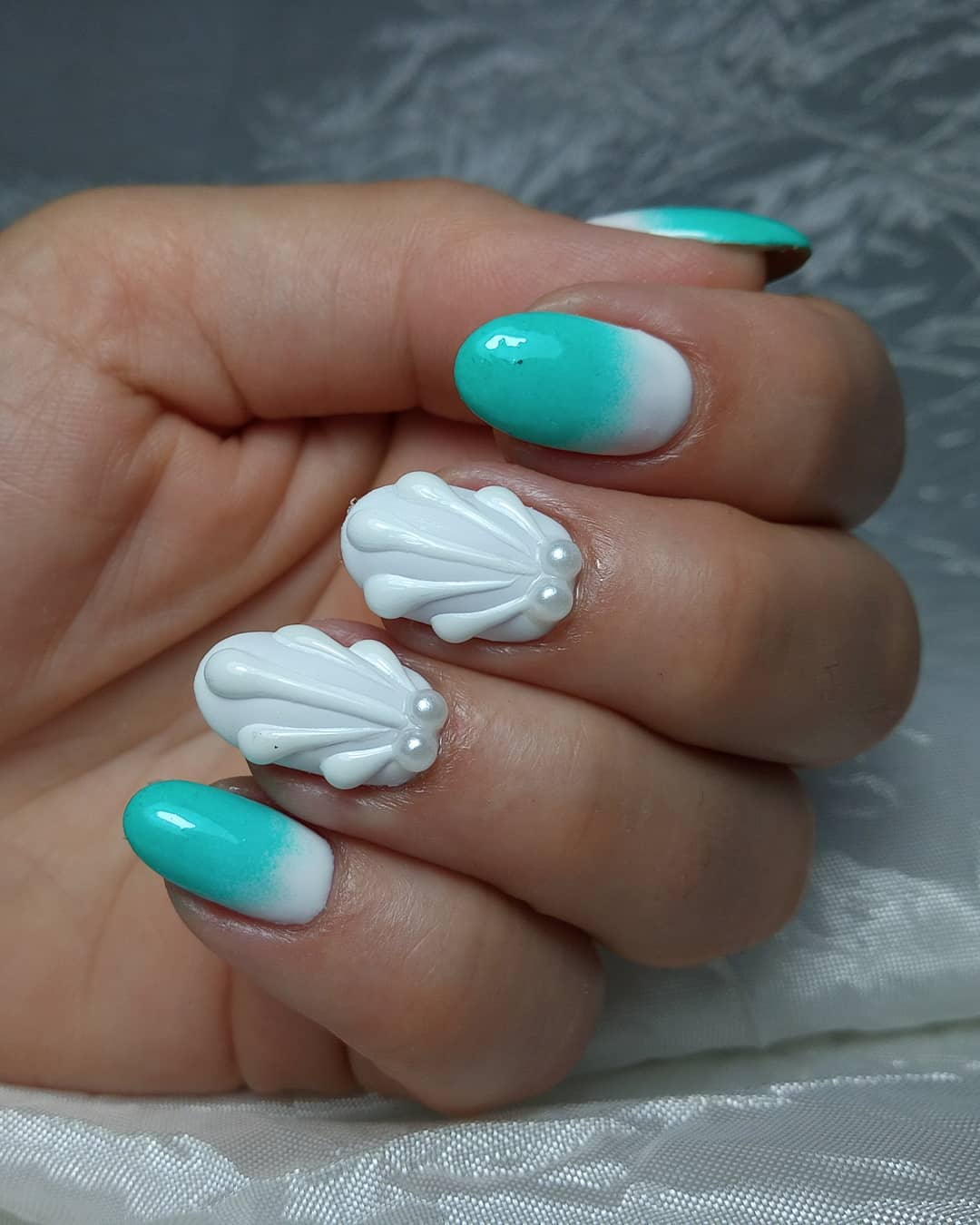 Teal Ombre with 3D White Seashell Pearl Accents