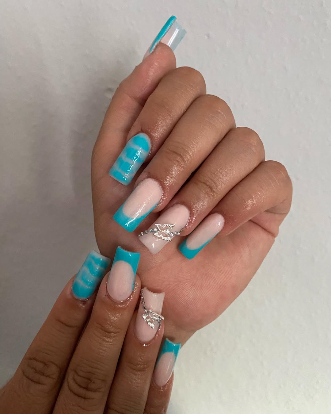 Teal Tip Wave Ombre Aqua Long Square Nails