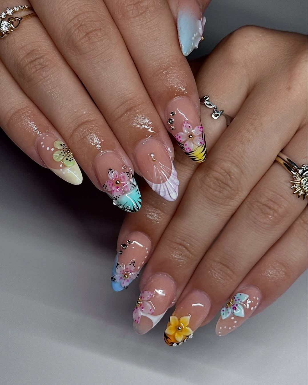 Tropical 3D Floral And Animal Print Almond Nails