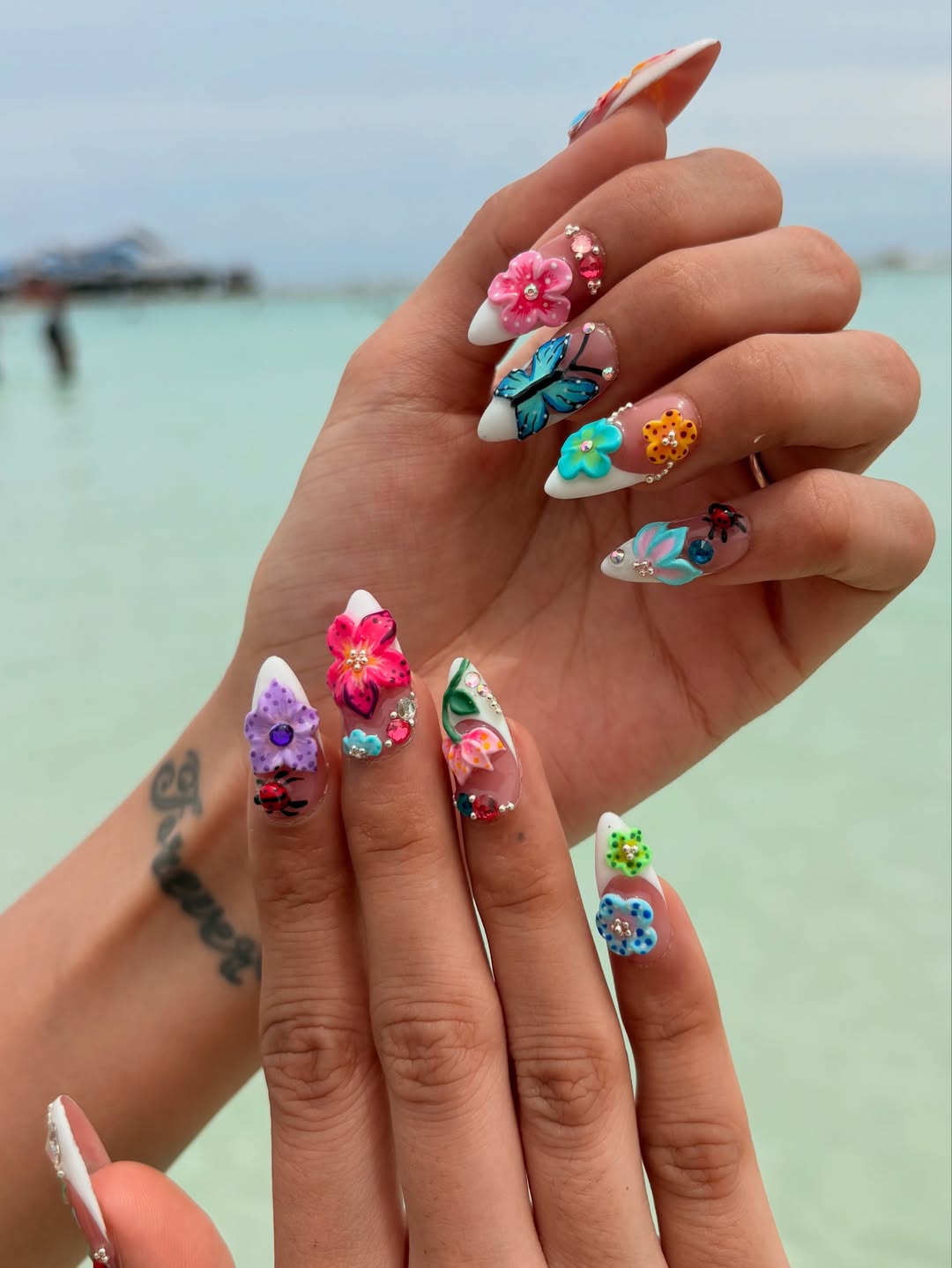 Tropical 3D Floral Butterfly Stiletto Nails