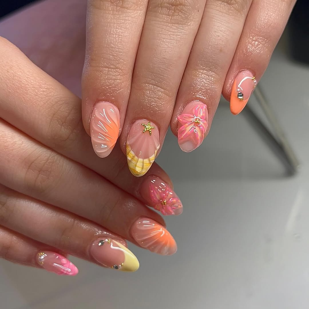 Tropical 3D Floral Ombre Almond Nails