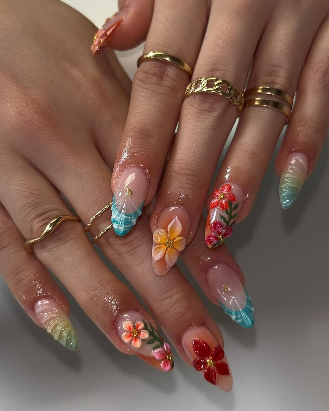 Tropical 3D Floral Ombre Jelly Stiletto Nails