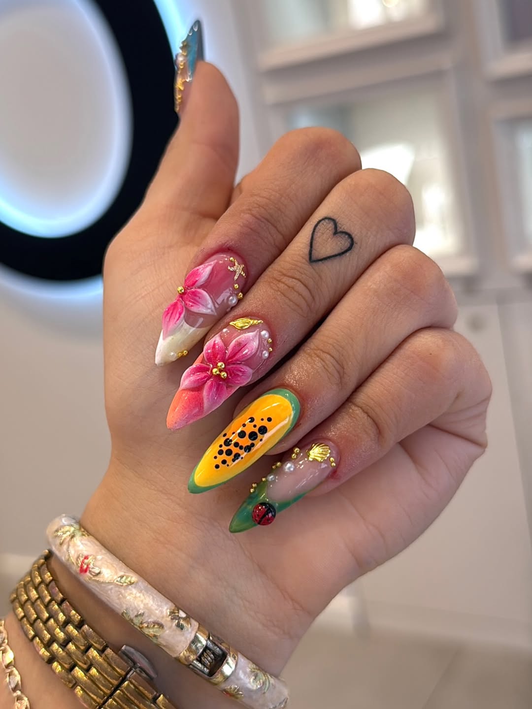 Tropical 3D Floral Papaya Ladybug Stiletto Nails