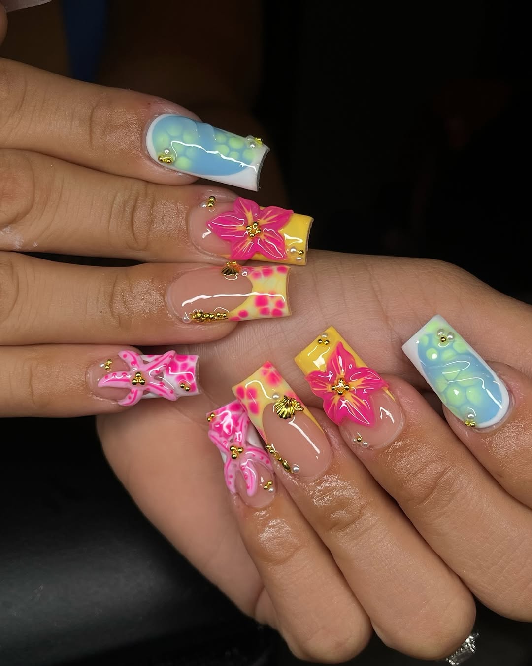 Tropical 3D Floral Summer French Tips