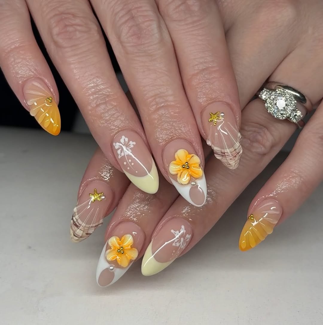 Tropical 3D Flower and Seashell Stiletto Nails