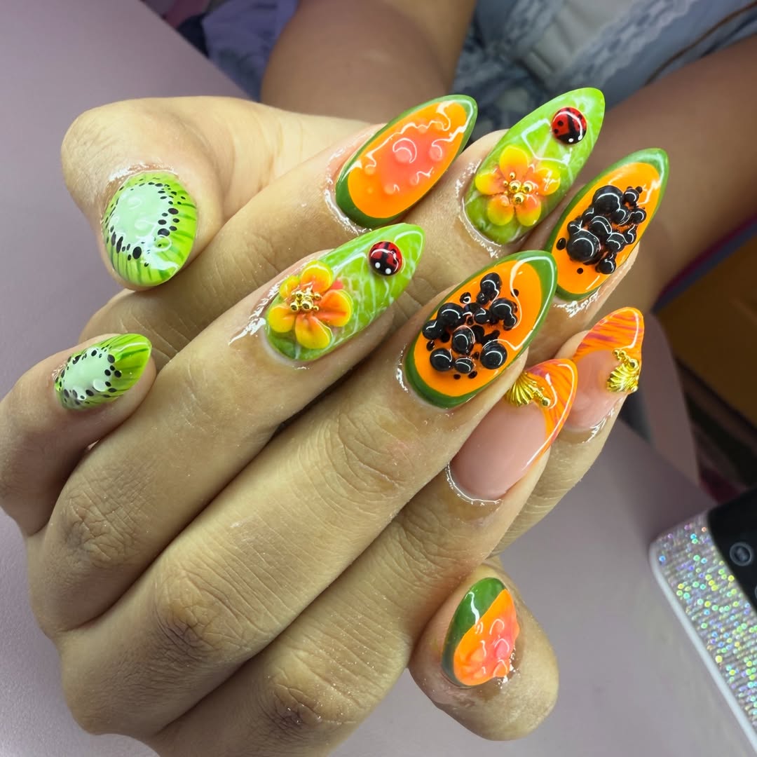 Tropical 3D Fruit and Flower Almond Nails