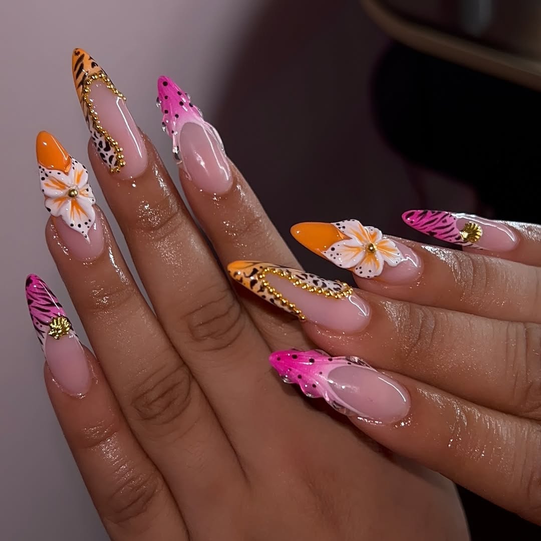 Tropical Animal Print French Tips with 3D Flowers