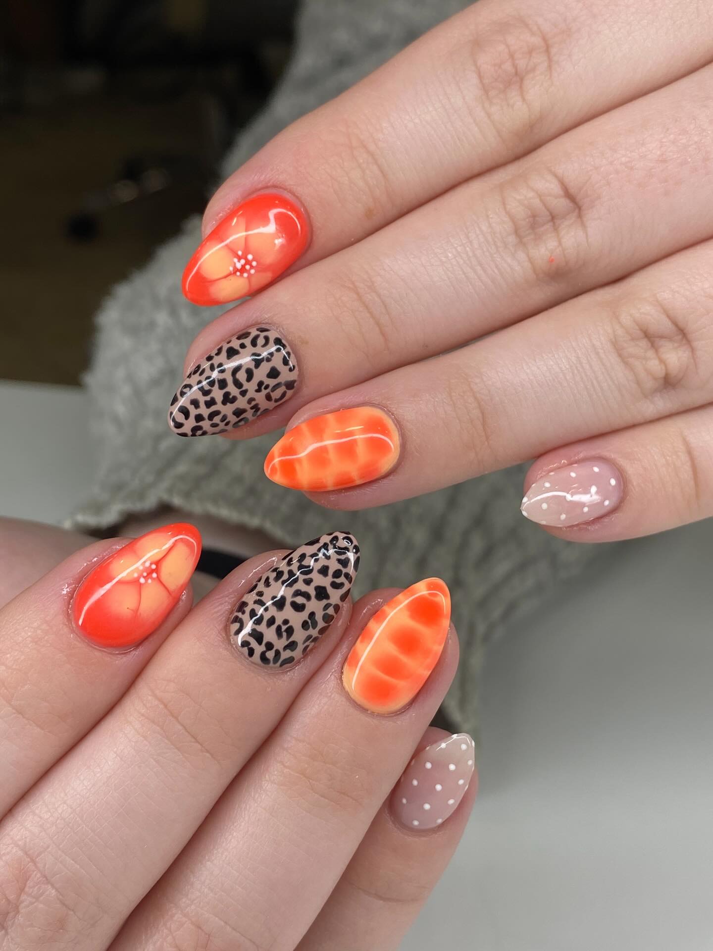 Tropical Animal Print Orange and Polka Dot Nails