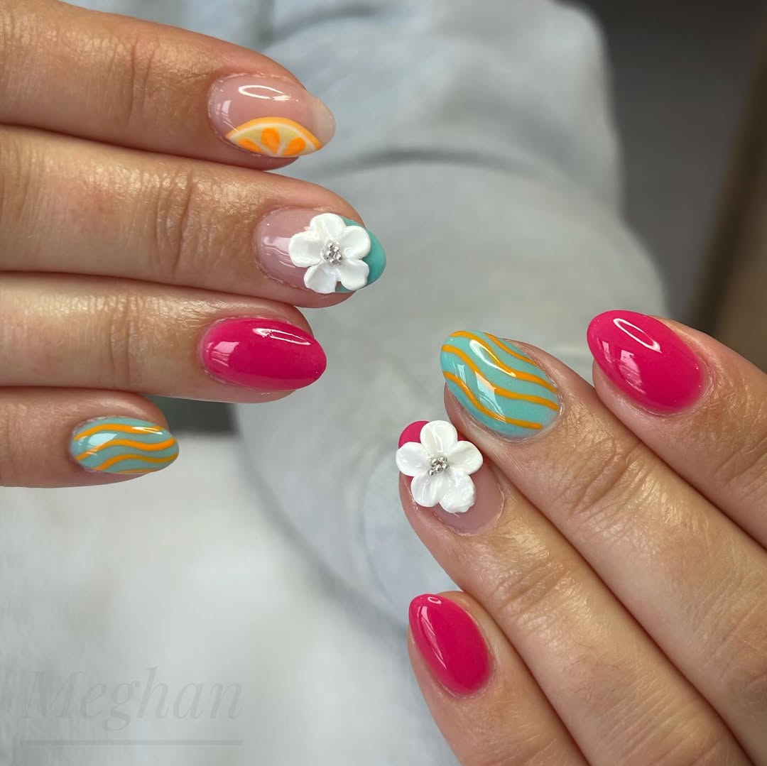 Tropical Citrus Bright Floral Wavy Oval Nails