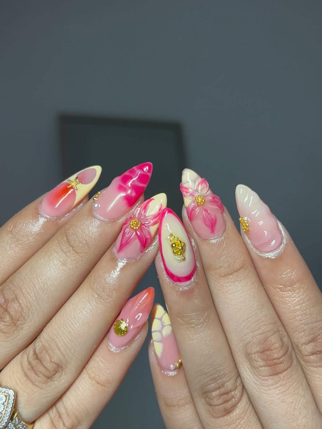 Tropical Floral Gold Charm Stiletto Summer Nails