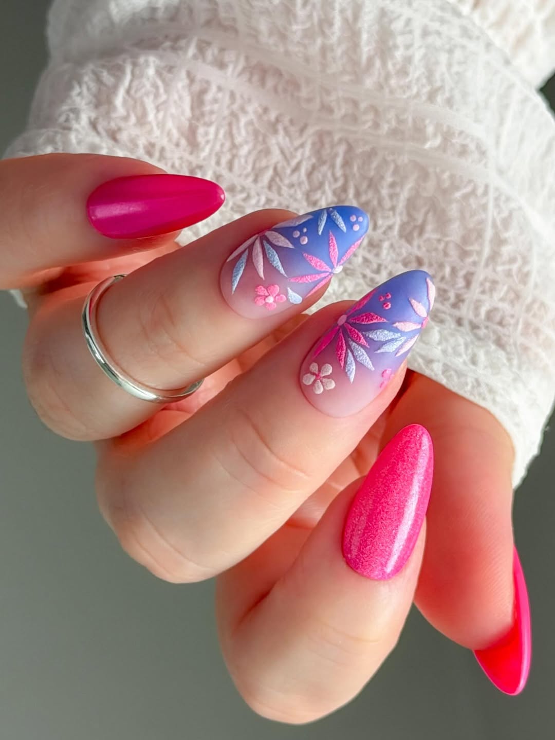 Tropical Gradient Floral Almond Nails with Hot Pink Accents
