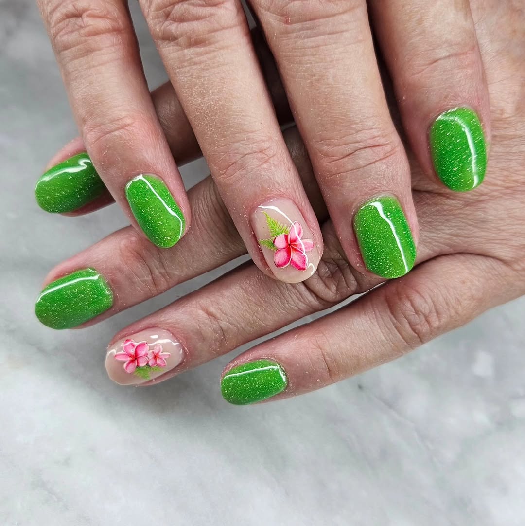 Tropical Lime Green Glitter & Plumeria Nail Art