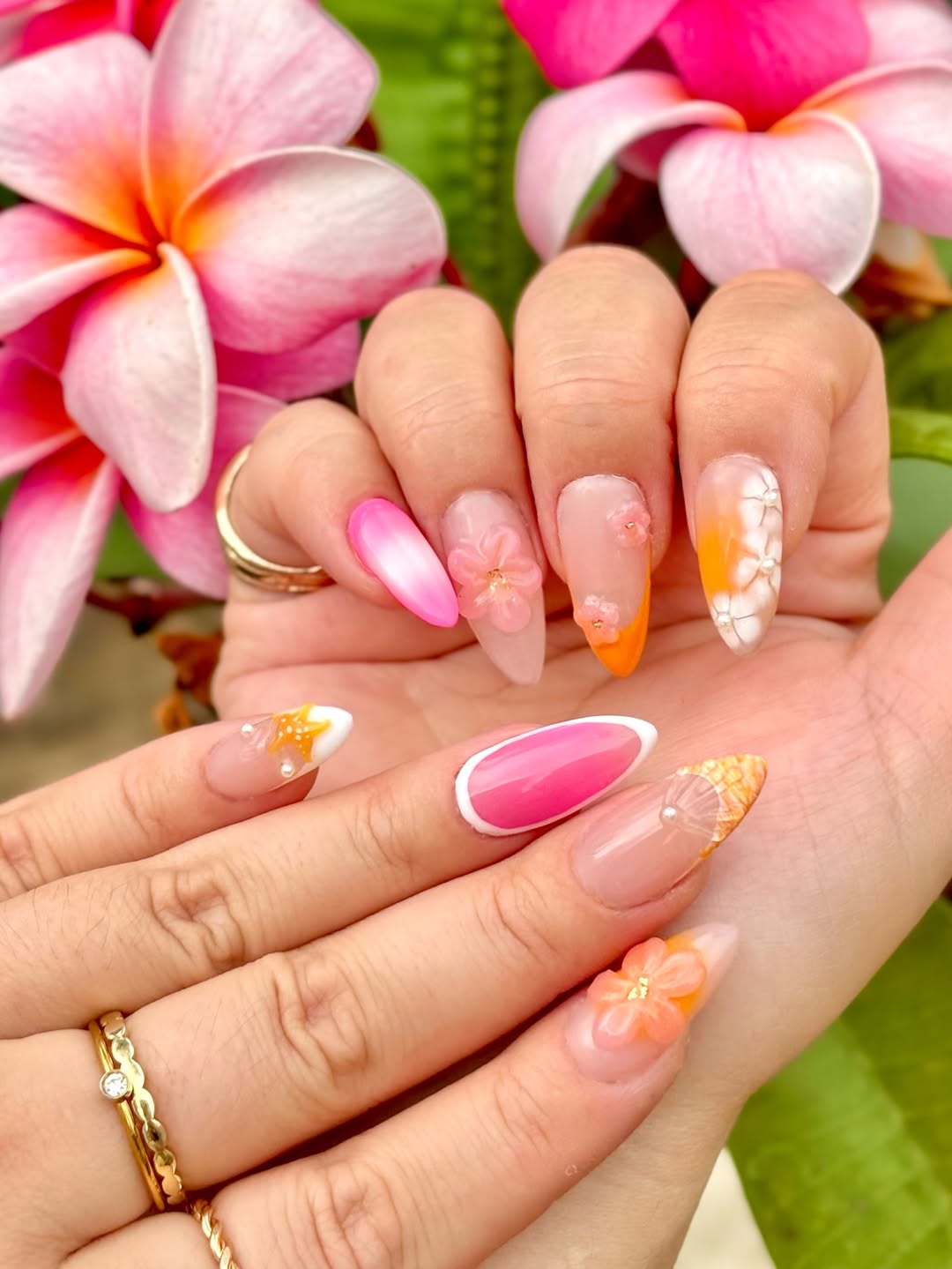 Tropical Ombre 3D Floral Almond Nails