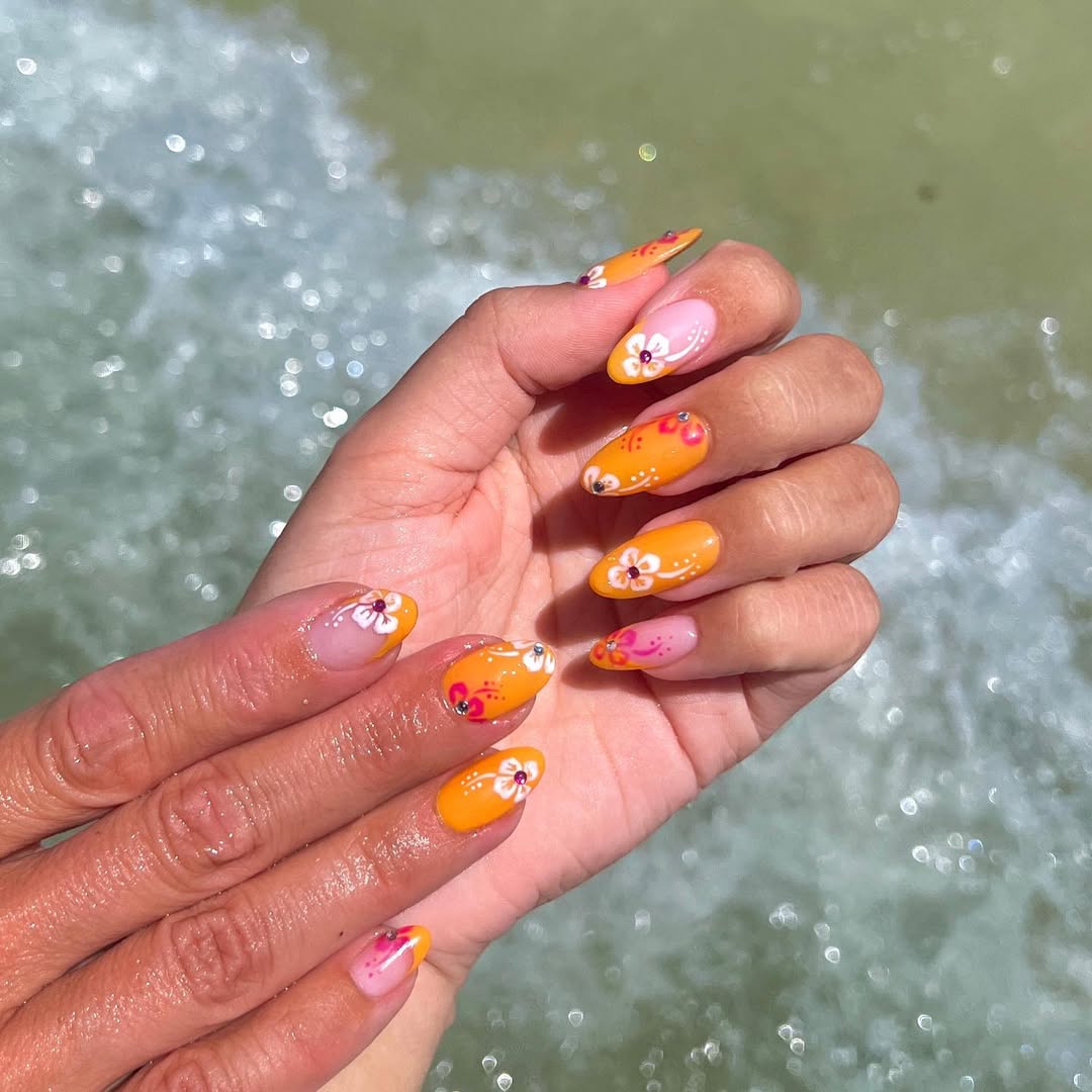 Tropical Orange Blossom French Tips Gem Accents