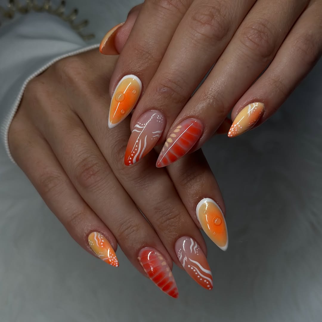 Tropical Orange Sunset Ombre Stiletto Nails