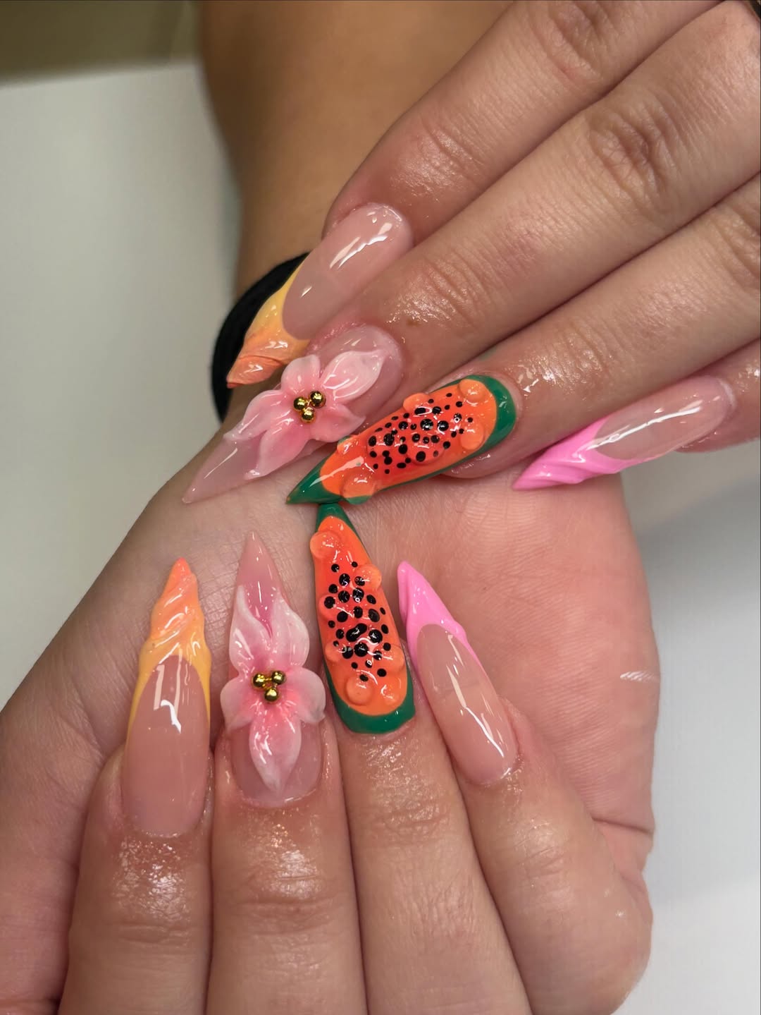 Tropical Papaya Accent Stiletto 3D Flower Nails