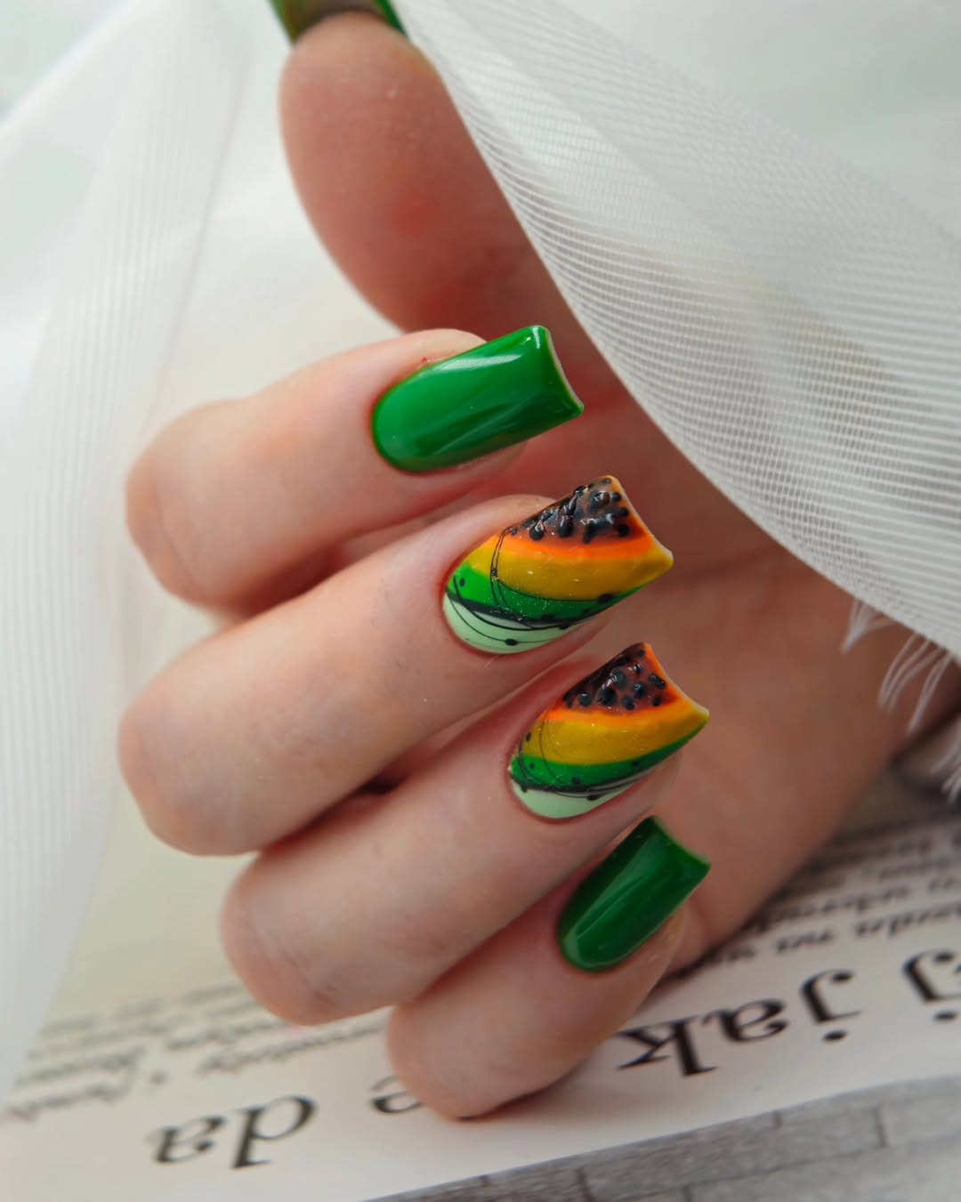Tropical Papaya Fruit Square Green Nails