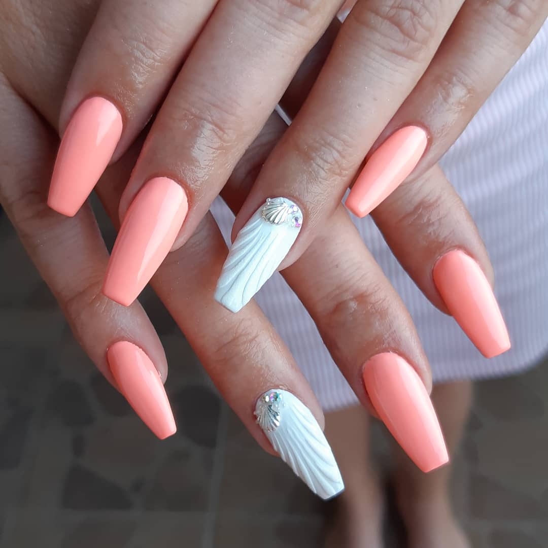 Tropical Peach Coffin Nails with 3D Seashell Accent