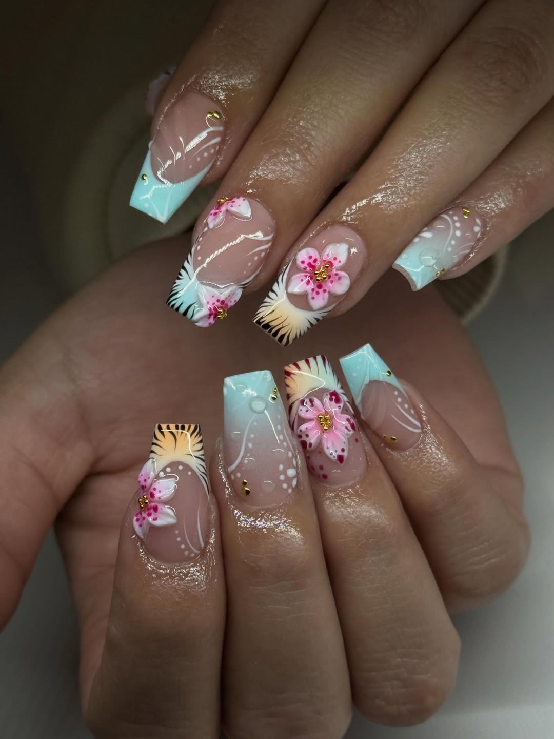 Tropical Pink Blue Floral Long Coffin Nails
