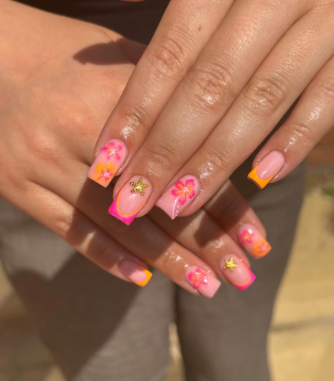 Tropical Pink Orange Flower French Tips