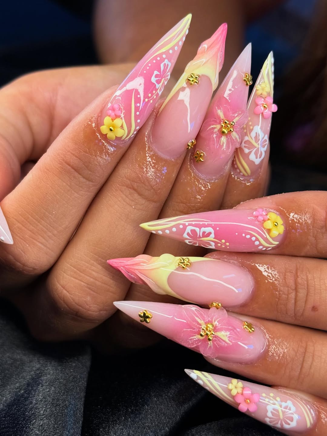 Tropical Pink Watercolor Stiletto Nails With 3D Blooms