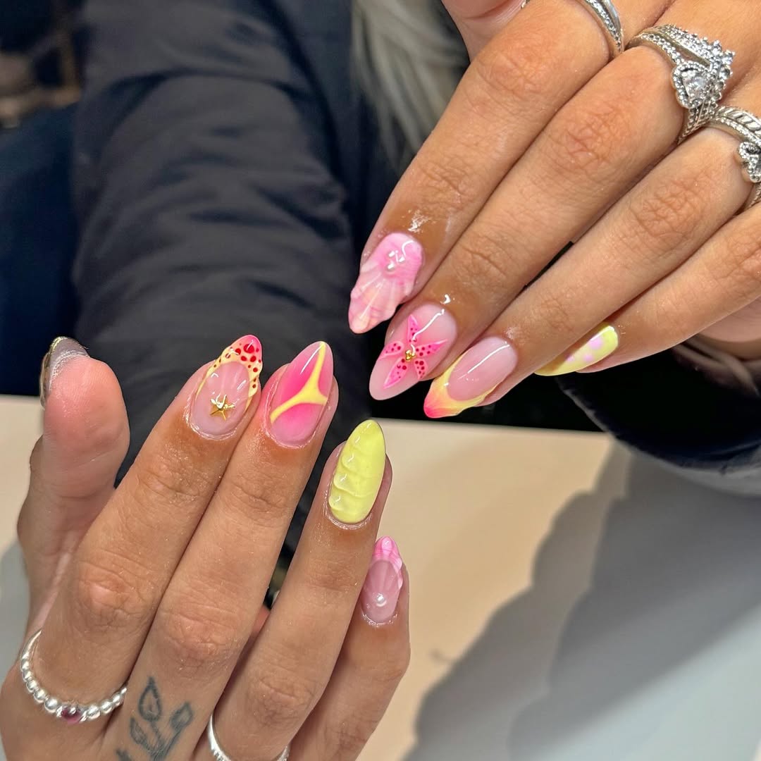 Tropical Pink Yellow French Tip Mermaidcore Nails