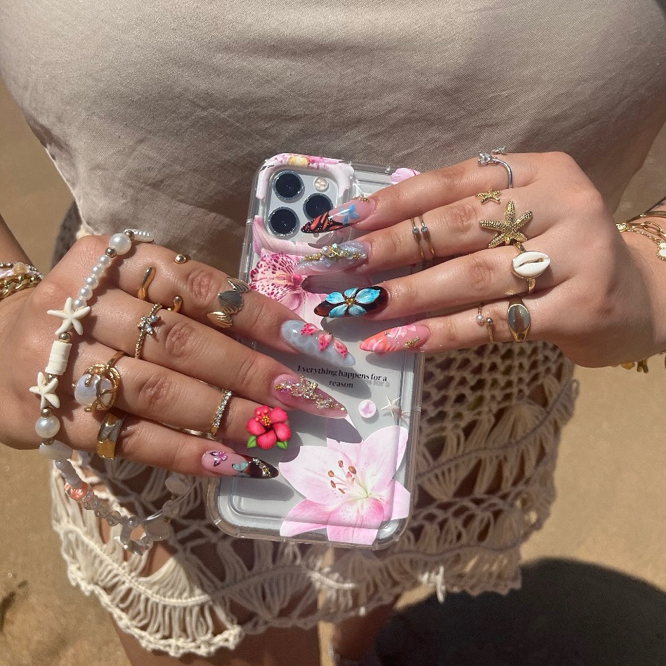 Tropical Summer 3D Butterfly Flower Stiletto Nails