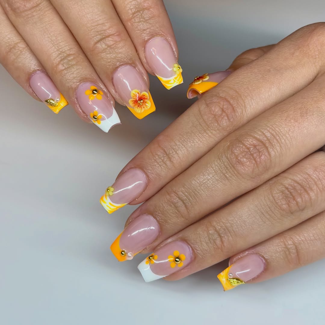 Tropical Summer French Tips with 3D Hibiscus