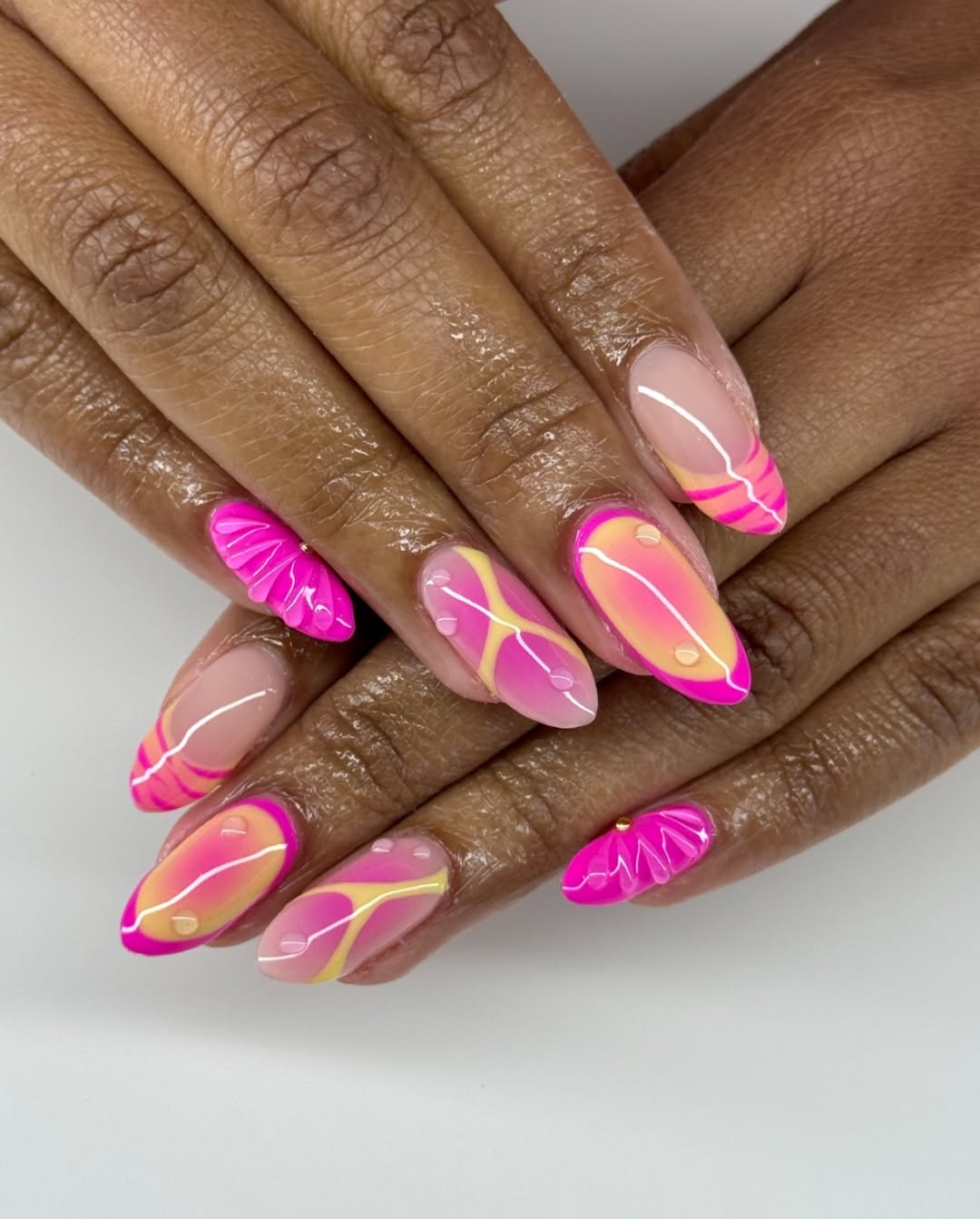 Tropical Sunset Gel Almond Nails with Water Droplets