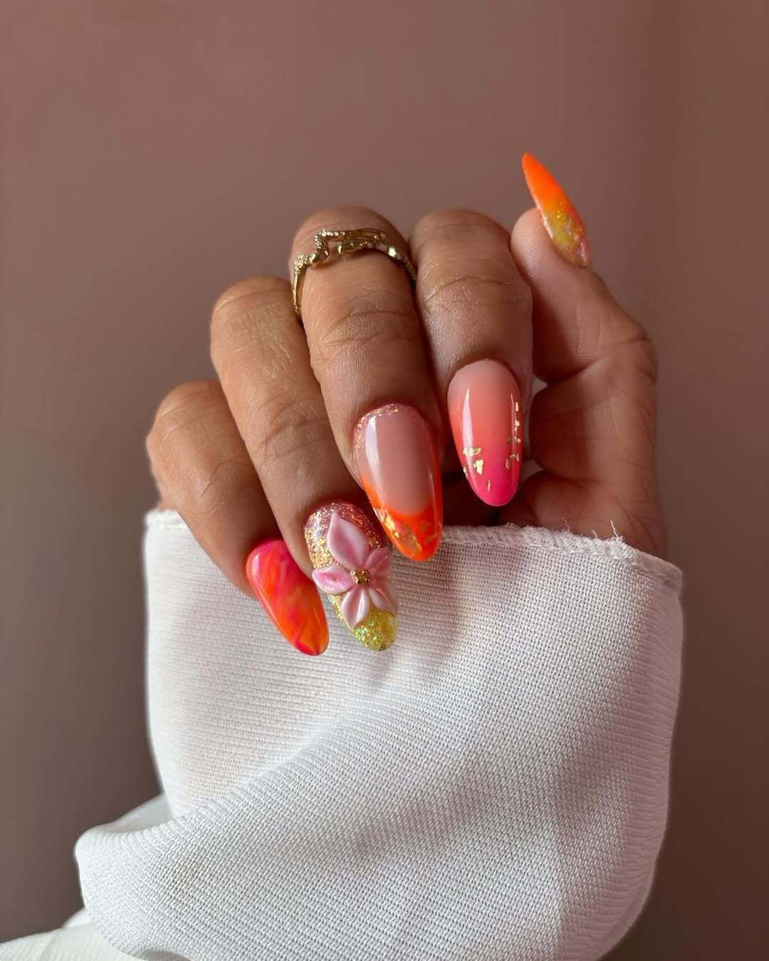 Tropical Sunset Ombré Almond Nails with 3D Flower